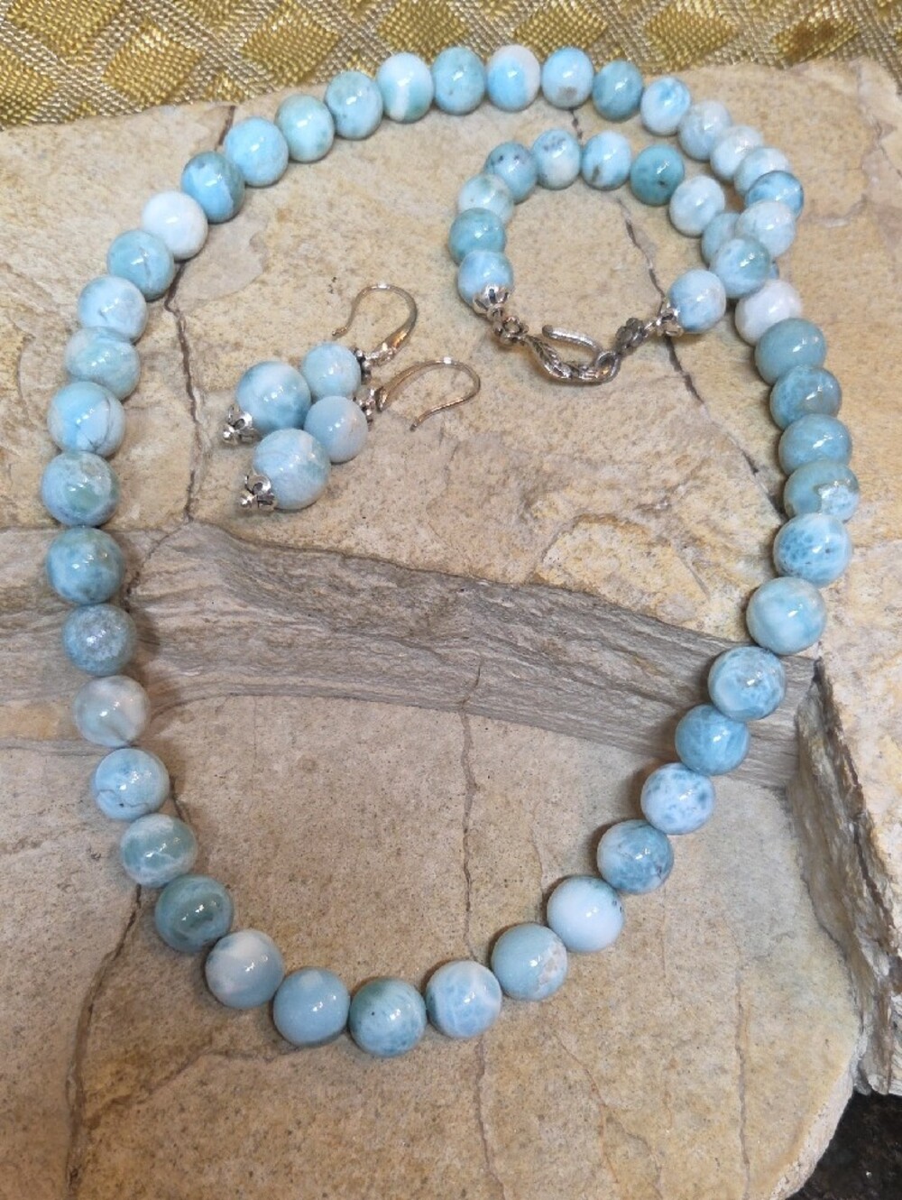 Sterling Silver Genuine Larimar Beaded Necklace and Earrings Set - Picture 4 of 12